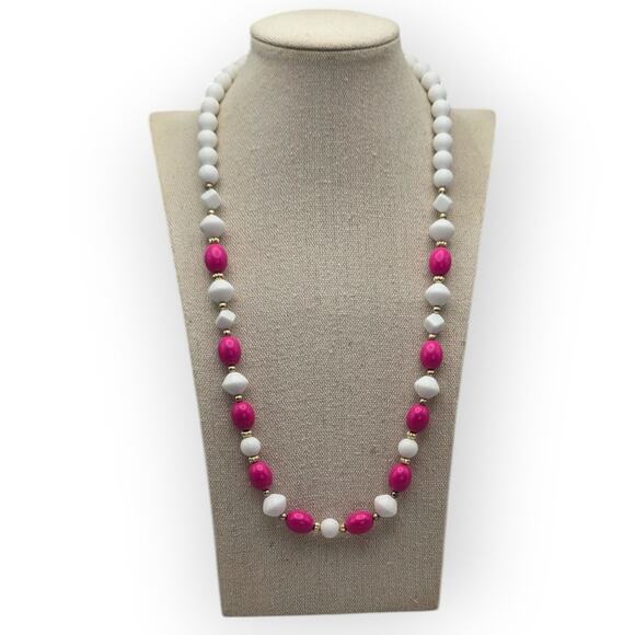 White and Pink Beaded Vintage Necklace - Picture 1 of 6
